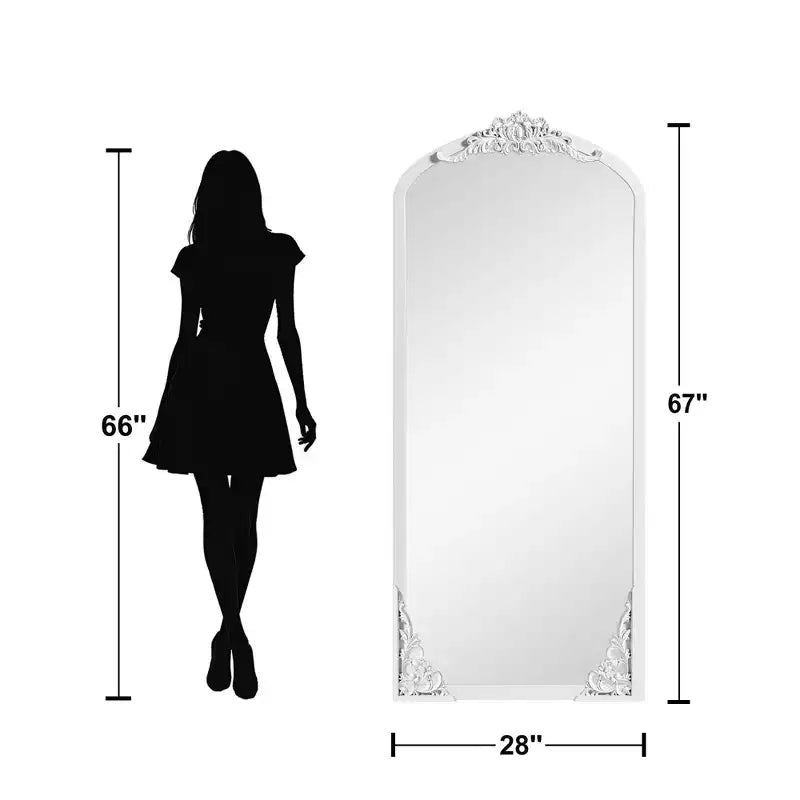 Miroir sur pied noir en bois massif sculpté en micro-arche à angle droit de 67x28 pouces (sans support)