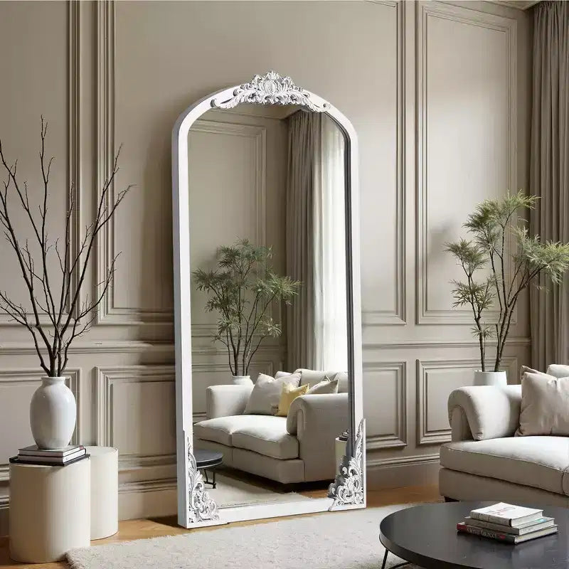 Miroir sur pied noir en bois massif sculpté en micro-arche à angle droit de 67x28 pouces (sans support)