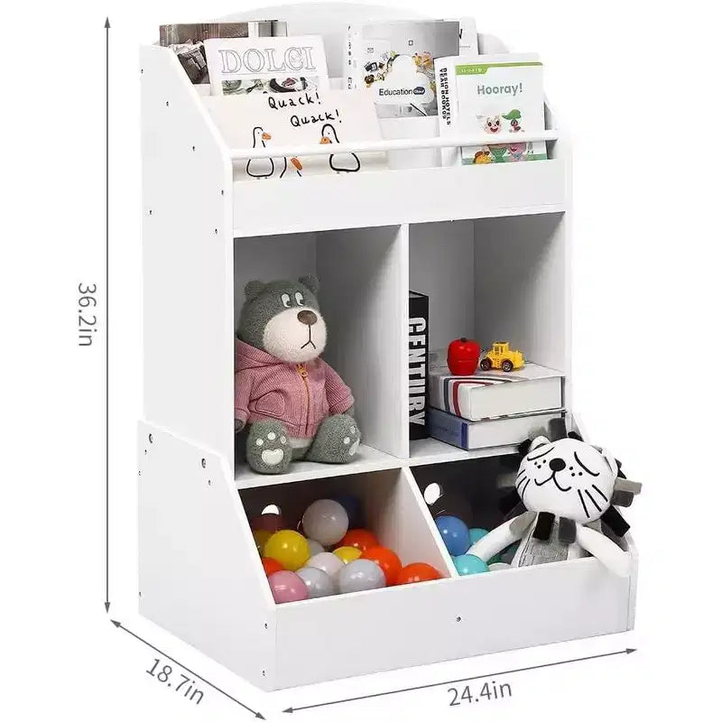 Étagère de rangement pour jouets et livres Acekool pour enfants, bibliothèque à 3 niveaux en tissu avec 2 bacs de rangement, bois de pin, sécurité enfant, 35x14x39 pour salle de jeux ou chambre