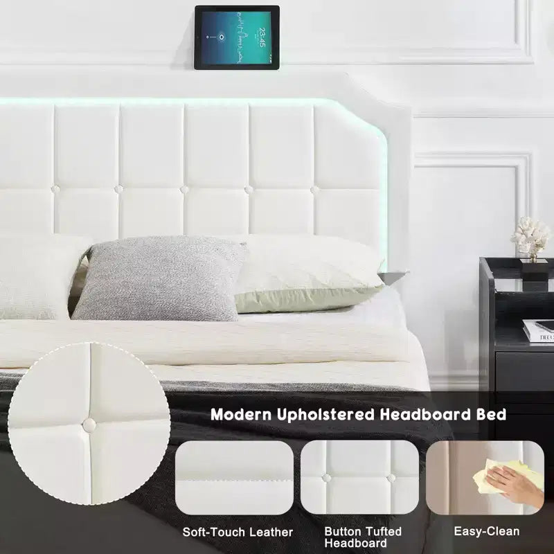 Cadre de lit flottant double avec lumières RVB - Tête de lit réglable en PU, plateforme métallique et sans sommier, blanc