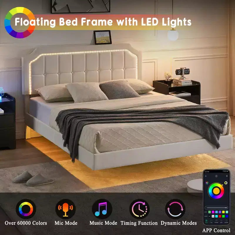 Cadre de lit flottant double avec lumières RVB - Tête de lit réglable en PU, plateforme métallique et sans sommier, blanc