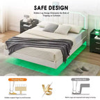 Cadre de lit flottant double avec lumières RVB - Tête de lit réglable en PU, plateforme métallique et sans sommier, blanc