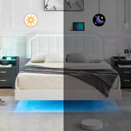 Cadre de lit flottant double avec lumières RVB - Tête de lit réglable en PU, plateforme métallique et sans sommier, blanc
