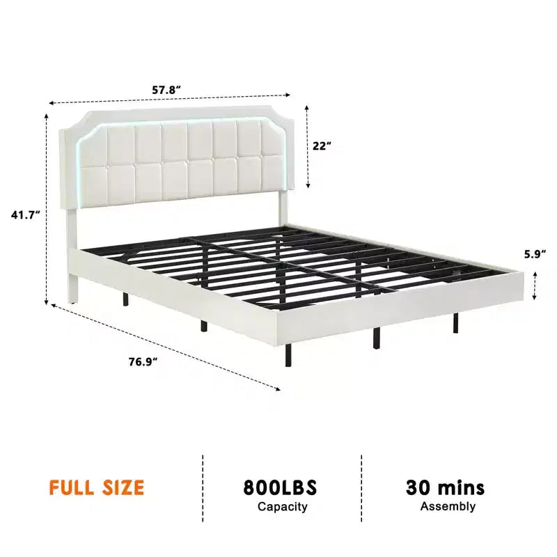 Cadre de lit flottant double avec lumières RVB - Tête de lit réglable en PU, plateforme métallique et sans sommier, blanc