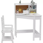 Ensemble bureau et chaise pour enfants Acekool, table d'étude d'angle en bois avec étagère, tableau d'affichage et porte-stylo, blanc