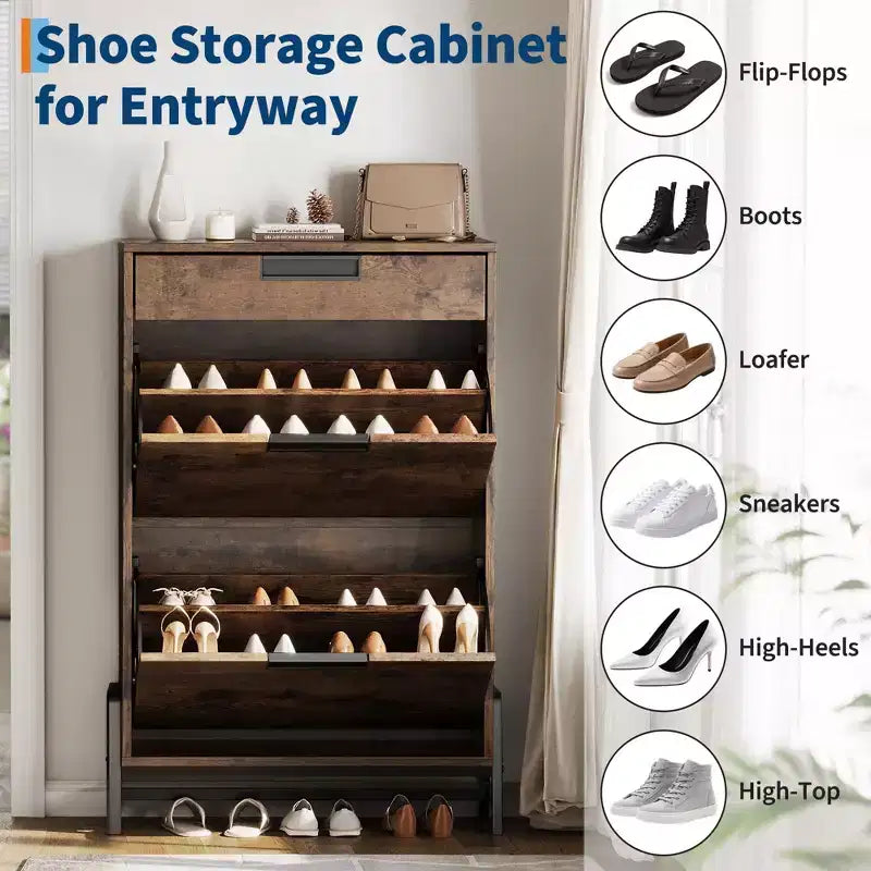 Meuble à chaussures avec 2 tiroirs abattants et 1 tiroir, étagère à chaussures étroite autoportante et étagères réglables à 3 niveaux pour entrée,