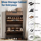 Meuble à chaussures avec 2 tiroirs abattants et 1 tiroir, étagère à chaussures étroite autoportante et étagères réglables à 3 niveaux pour entrée,