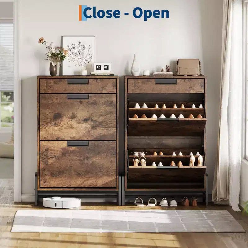 Meuble à chaussures avec 2 tiroirs abattants et 1 tiroir, étagère à chaussures étroite autoportante et étagères réglables à 3 niveaux pour entrée,