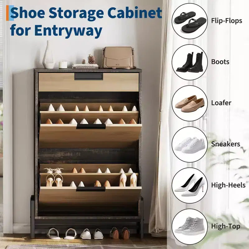 Meuble à chaussures avec 2 tiroirs abattants et 1 tiroir, étagère à chaussures étroite autoportante et étagères réglables à 3 niveaux pour entrée,
