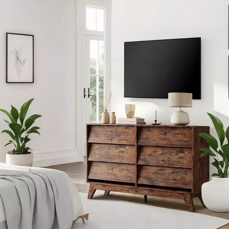 Commode à 6 tiroirs, commode vintage avec design biseauté, meuble TV de commode moderne pour chambre à coucher, salon, entrée et placard