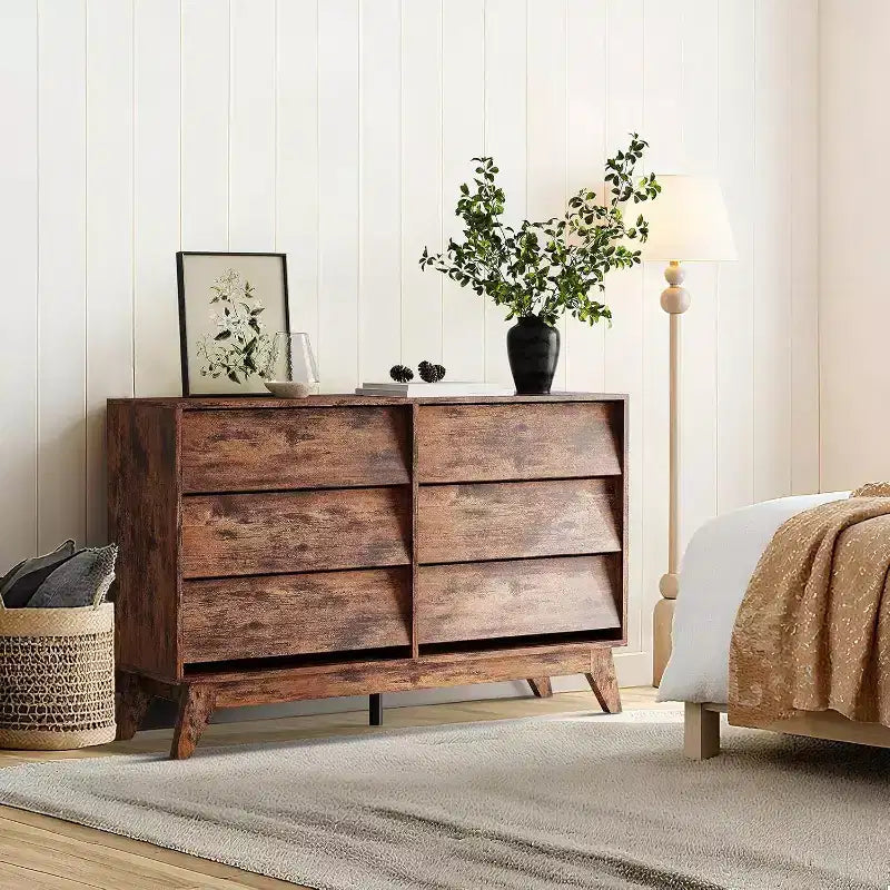 Commode à 6 tiroirs, commode vintage avec design biseauté, meuble TV de commode moderne pour chambre à coucher, salon, entrée et placard