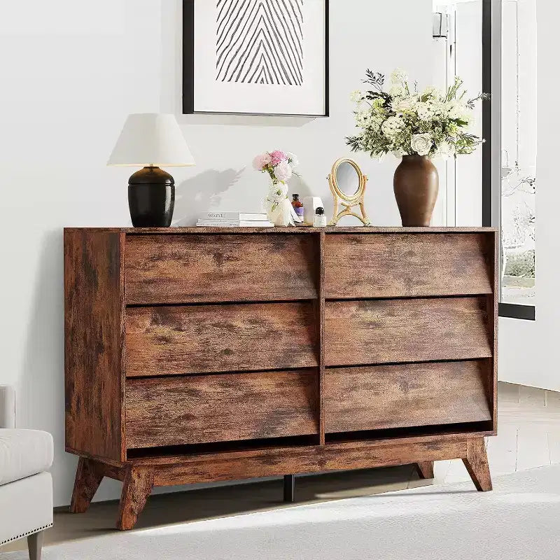 Commode à 6 tiroirs, commode vintage avec design biseauté, meuble TV de commode moderne pour chambre à coucher, salon, entrée et placard
