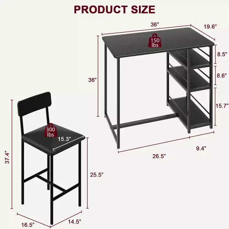 Table de cuisine et chaises de salle à manger pour 2 avec étagère de rangement et chaises rembourrées, ensemble table de bar pour petits espaces et appartements