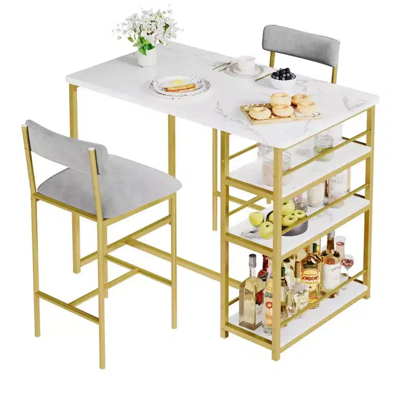 Table de cuisine et chaises de salle à manger pour 2 avec étagère de rangement et chaises rembourrées, ensemble table de bar pour petits espaces et appartements