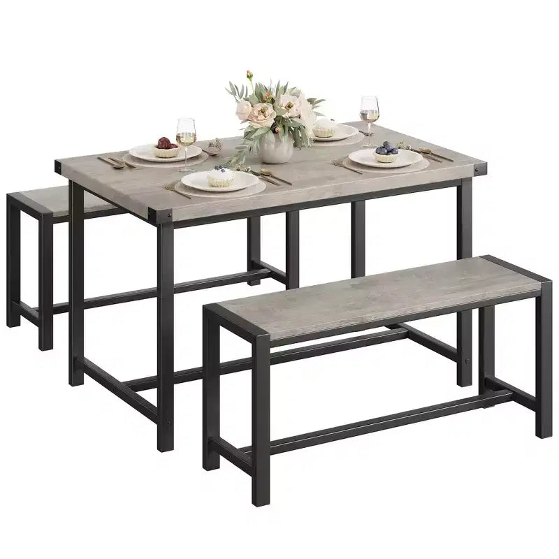 Ensemble de table à manger 3 pièces pour 4 personnes avec 2 bancs, table de cuisine avec protections d'angle, cadre en H, compact pour appartements et petits espaces