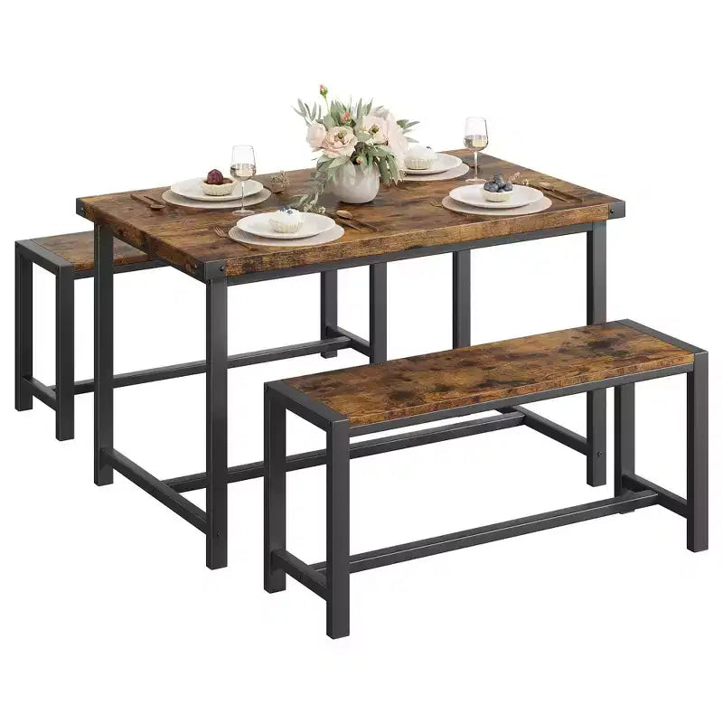 Ensemble de table à manger 3 pièces pour 4 personnes avec 2 bancs, table de cuisine avec protections d'angle, cadre en H, compact pour appartements et petits espaces
