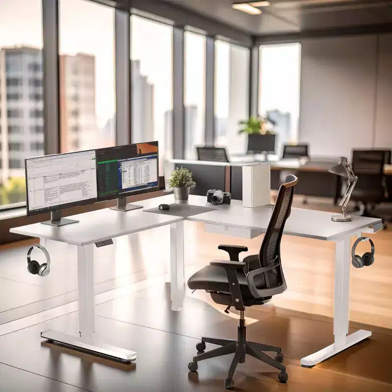 Mount-It! Bureau d'angle électrique réglable en hauteur XL, cadre blanc et plateau blanc