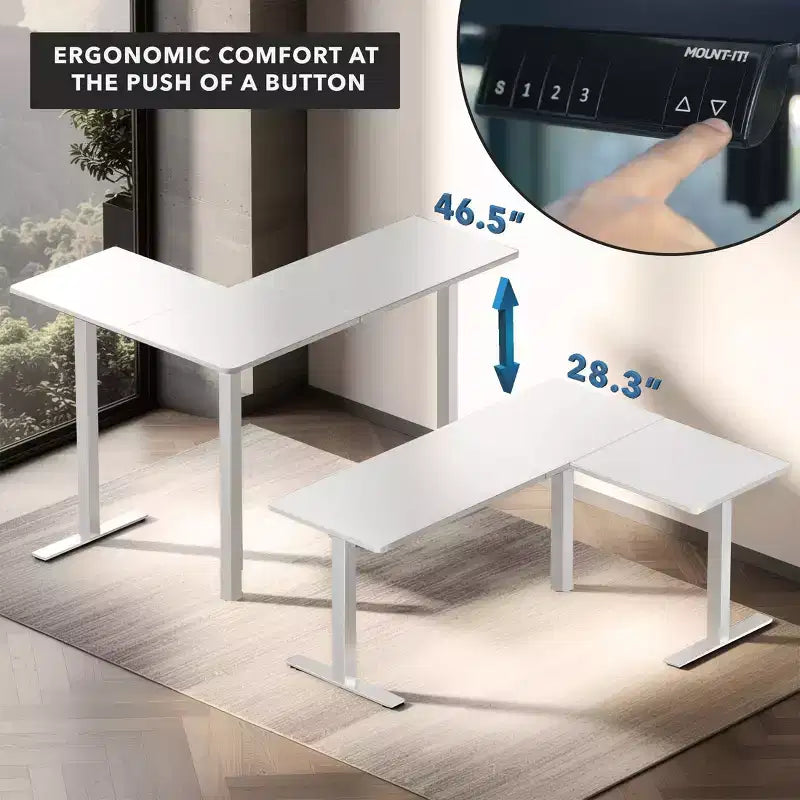 Mount-It! Bureau d'angle électrique réglable en hauteur XL, cadre blanc et plateau blanc