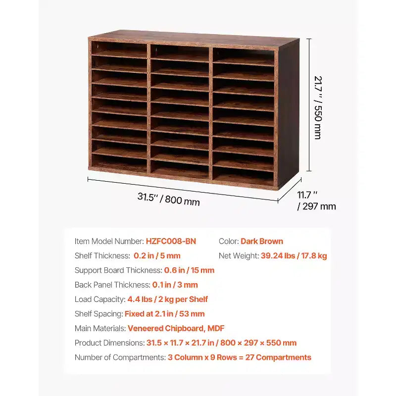 Organiseur de documents VEVOR, casier de bureau à 27 compartiments avec étagères amovibles, trieur de courrier en panneaux de particules de bois, marron