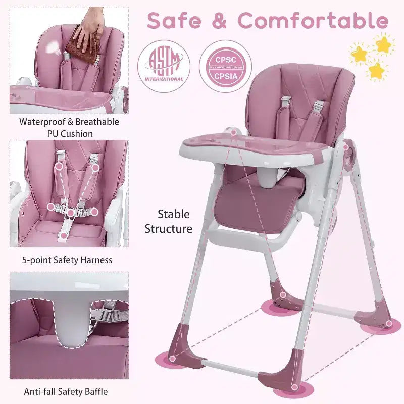 Chaise haute Acekool pour bébés, pliable, hauteur et inclinaison réglables avec plateau amovible pour un nettoyage facile, violet