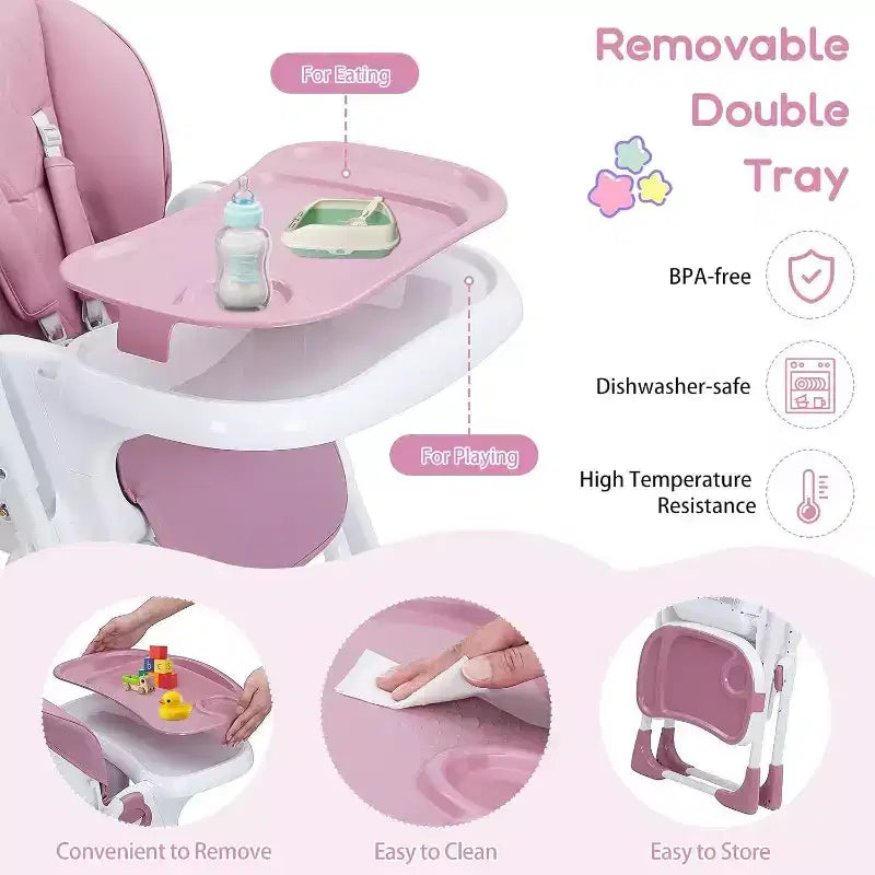 Chaise haute Acekool pour bébés, pliable, hauteur et inclinaison réglables avec plateau amovible pour un nettoyage facile, violet