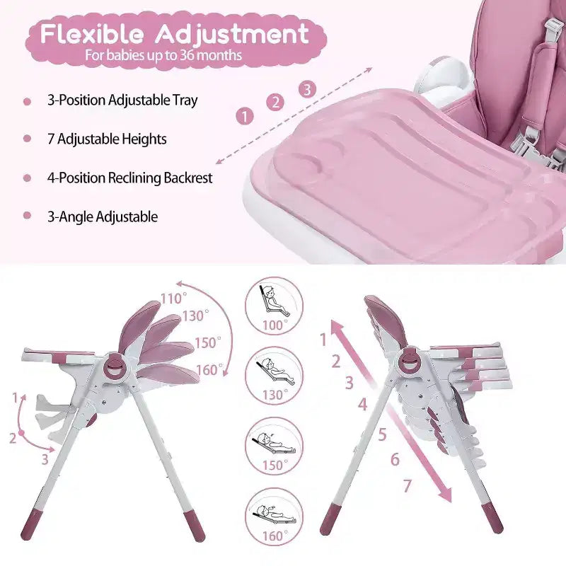 Chaise haute Acekool pour bébés, pliable, hauteur et inclinaison réglables avec plateau amovible pour un nettoyage facile, violet