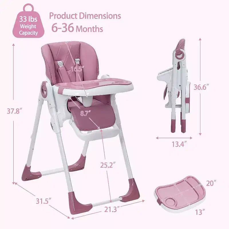 Chaise haute Acekool pour bébés, pliable, hauteur et inclinaison réglables avec plateau amovible pour un nettoyage facile, violet