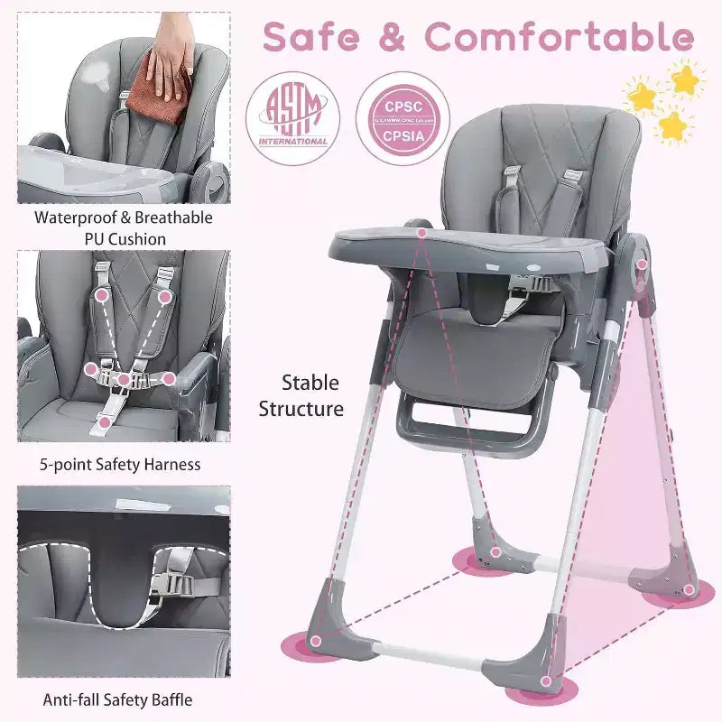 Chaise haute Acekool pour bébés, pliable, hauteur et inclinaison réglables avec plateau amovible pour un nettoyage facile, violet