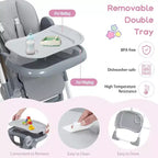 Chaise haute Acekool pour bébés, pliable, hauteur et inclinaison réglables avec plateau amovible pour un nettoyage facile, violet