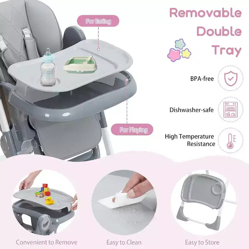 Chaise haute Acekool pour bébés, pliable, hauteur et inclinaison réglables avec plateau amovible pour un nettoyage facile, violet