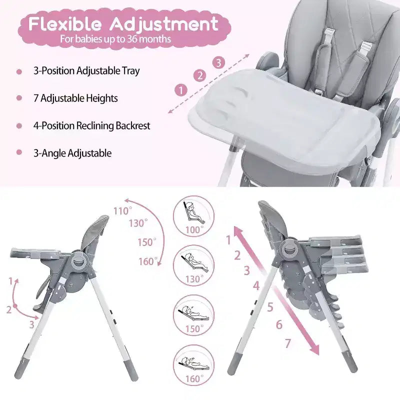 Chaise haute Acekool pour bébés, pliable, hauteur et inclinaison réglables avec plateau amovible pour un nettoyage facile, violet