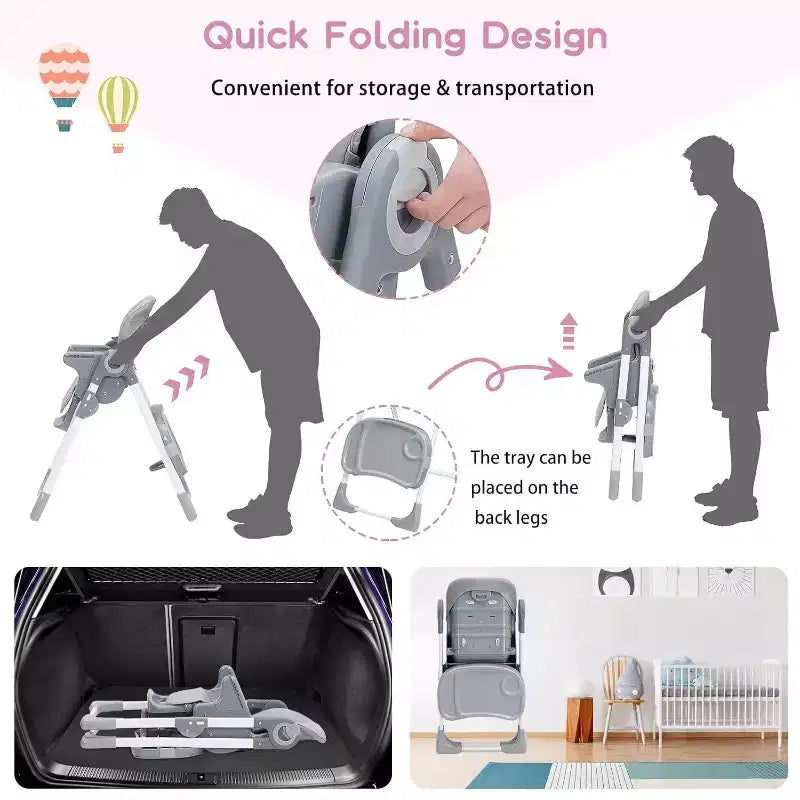 Chaise haute Acekool pour bébés, pliable, hauteur et inclinaison réglables avec plateau amovible pour un nettoyage facile, violet