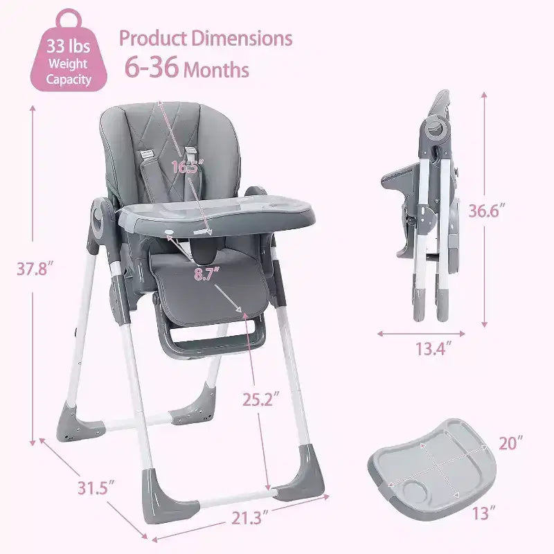 Chaise haute Acekool pour bébés, pliable, hauteur et inclinaison réglables avec plateau amovible pour un nettoyage facile, violet