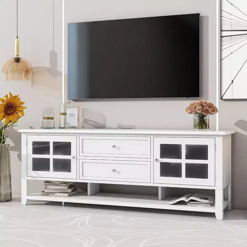 Meuble TV Acekool 54 pour téléviseurs jusqu'à 60 pouces, meuble de divertissement moderne avec rangement dissimulé, portes magnétiques silencieuses, console média en panneaux de fibres