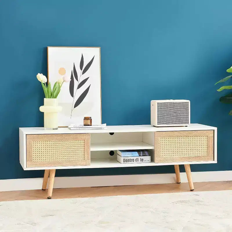Meuble TV moderne Acekool pour salon, étagères réglables, pieds de table en bois robustes, meuble TV, montage facile
