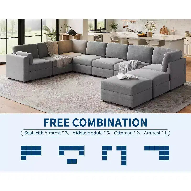 Canapé d'angle modulable GustoWave, grand canapé 9 places avec 2 poufs de rangement, canapé-lit moderne confortable en chenille à assise profonde