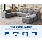 Canapé d'angle modulable GustoWave, grand canapé 9 places avec 2 poufs de rangement, canapé-lit moderne confortable en chenille à assise profonde