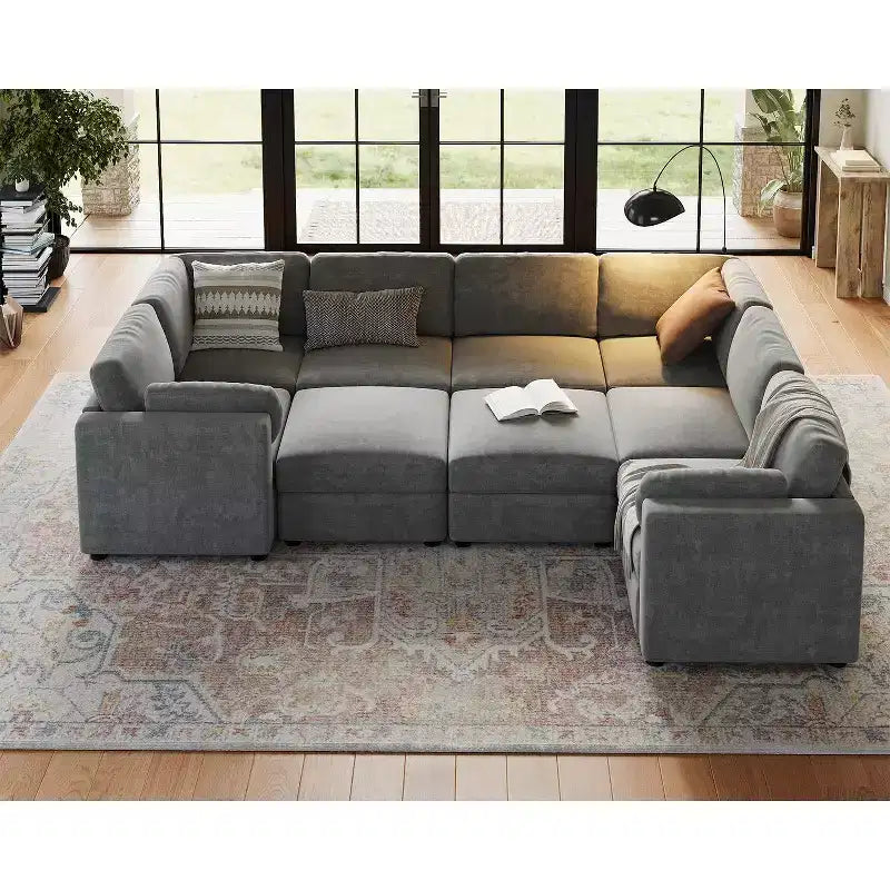Canapé d'angle modulable GustoWave, grand canapé 9 places avec 2 poufs de rangement, canapé-lit moderne confortable en chenille à assise profonde