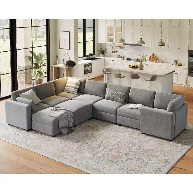 Canapé d'angle modulable GustoWave, grand canapé 9 places avec 2 poufs de rangement, canapé-lit moderne confortable en chenille à assise profonde