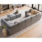 Canapé d'angle modulable GustoWave, grand canapé 9 places avec 2 poufs de rangement, canapé-lit moderne confortable en chenille à assise profonde