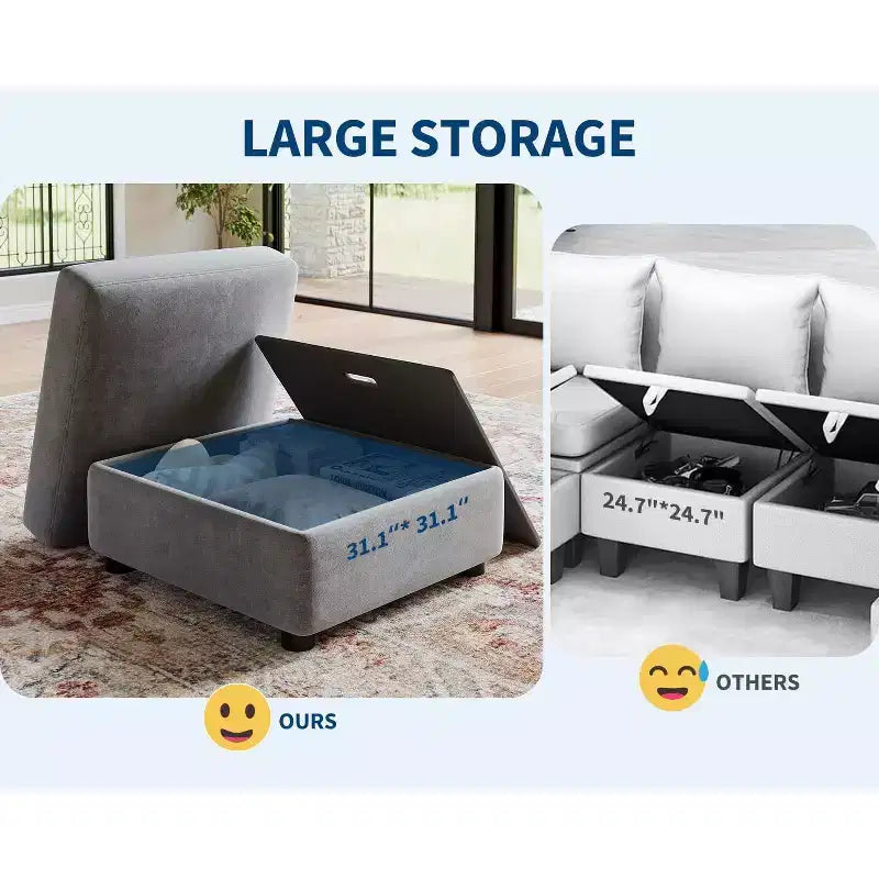 Canapé d'angle modulable GustoWave, grand canapé 9 places avec 2 poufs de rangement, canapé-lit moderne confortable en chenille à assise profonde