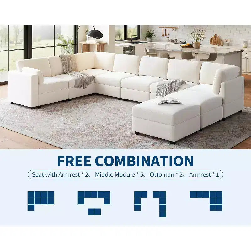 Canapé d'angle modulable GustoWave, grand canapé 9 places avec 2 poufs de rangement, canapé-lit moderne confortable en chenille à assise profonde
