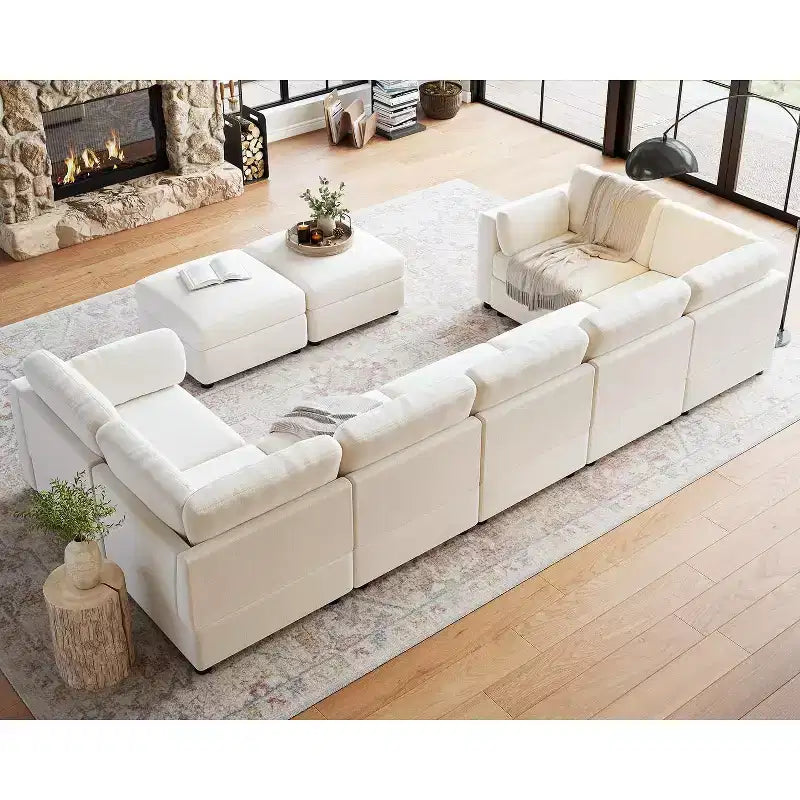 Canapé d'angle modulable GustoWave, grand canapé 9 places avec 2 poufs de rangement, canapé-lit moderne confortable en chenille à assise profonde