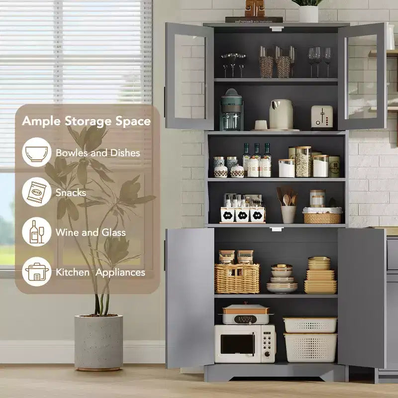 Meuble de rangement autoportant pour cuisine de 67 po de haut, meuble de rangement de salle de bain avec 4 portes et étagères réglables