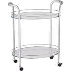 Studio 55D Carli Modern Chrome Steel Oval 2-Tier Serving Bar Cart 26 x 18 1/4 Silver Rolling Clear Glass Shelves for Living Room