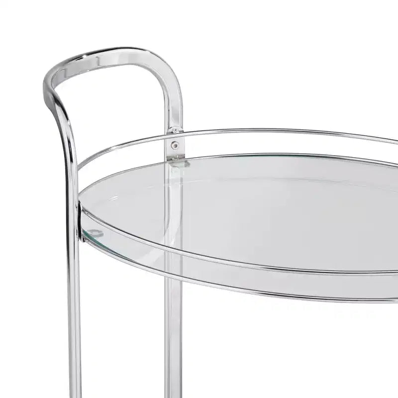 Chariot de service de bar à 2 niveaux en acier chromé moderne Studio 55D Carli, ovale, 66 x 46 cm, argent, avec roulettes et étagères en verre transparent pour salon