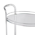 Chariot de service de bar à 2 niveaux en acier chromé moderne Studio 55D Carli, ovale, 66 x 46 cm, argent, avec roulettes et étagères en verre transparent pour salon