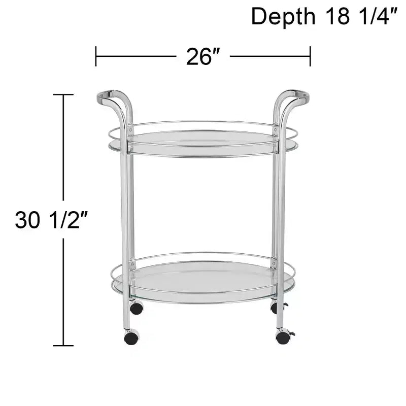 Chariot de service de bar à 2 niveaux en acier chromé moderne Studio 55D Carli, ovale, 66 x 46 cm, argent, avec roulettes et étagères en verre transparent pour salon