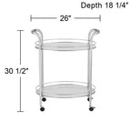 Chariot de service de bar à 2 niveaux en acier chromé moderne Studio 55D Carli, ovale, 66 x 46 cm, argent, avec roulettes et étagères en verre transparent pour salon