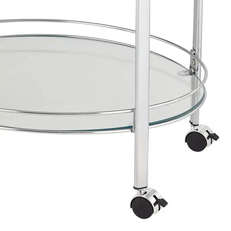 Chariot de service de bar à 2 niveaux en acier chromé moderne Studio 55D Carli, ovale, 66 x 46 cm, argent, avec roulettes et étagères en verre transparent pour salon